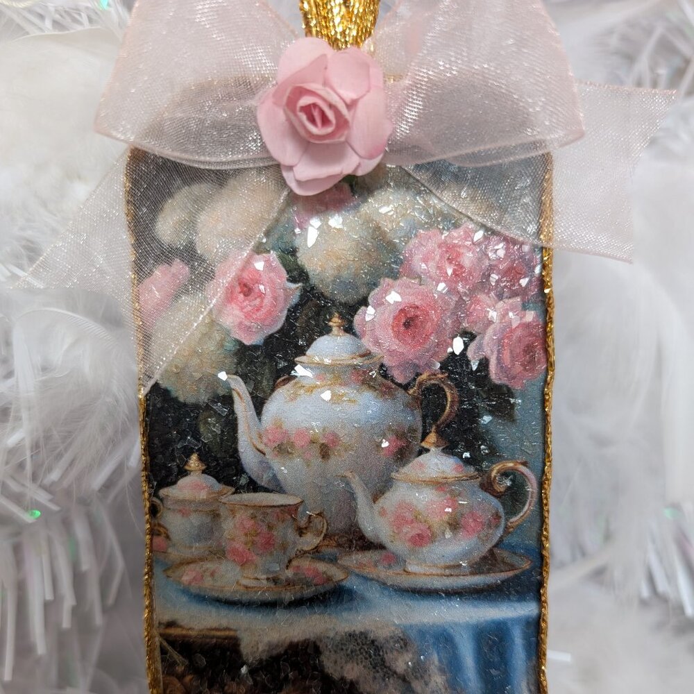 French Victorian Decoupage Teacup Shabby Pink Roses Glass Glitter Tree Ornament